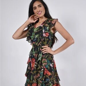 FRANK LYMAN FLORAL CHIFFON DRESS Black Red/Green Flower Dress